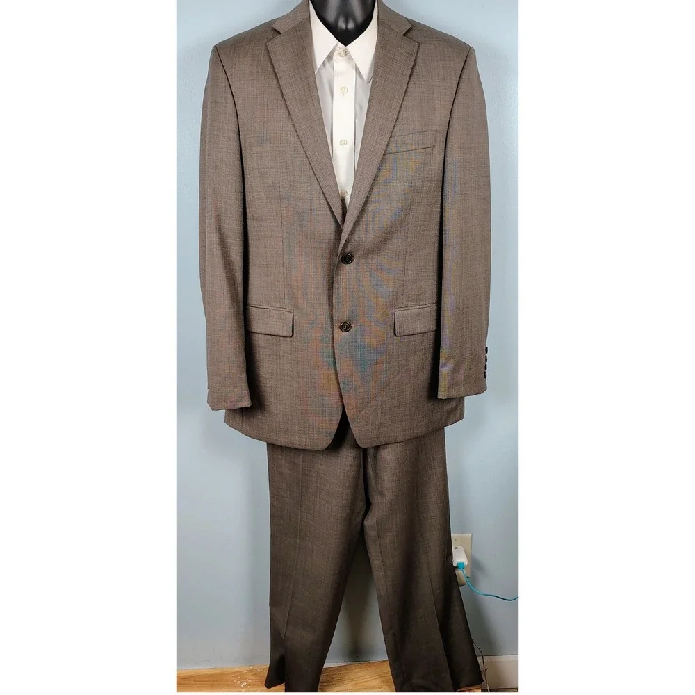 Calvin Klein Mens 42R Suit Brown Sharkskin Two Button Formal Business Wear